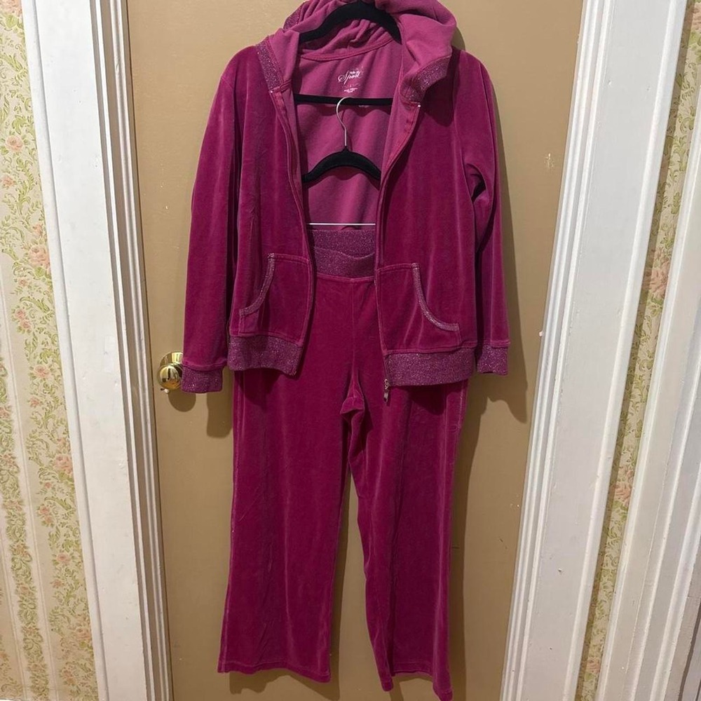 Y2K Style & Co Sport Pink Velour Tracksuit Size L Wide Leg No Drawstring 2pc